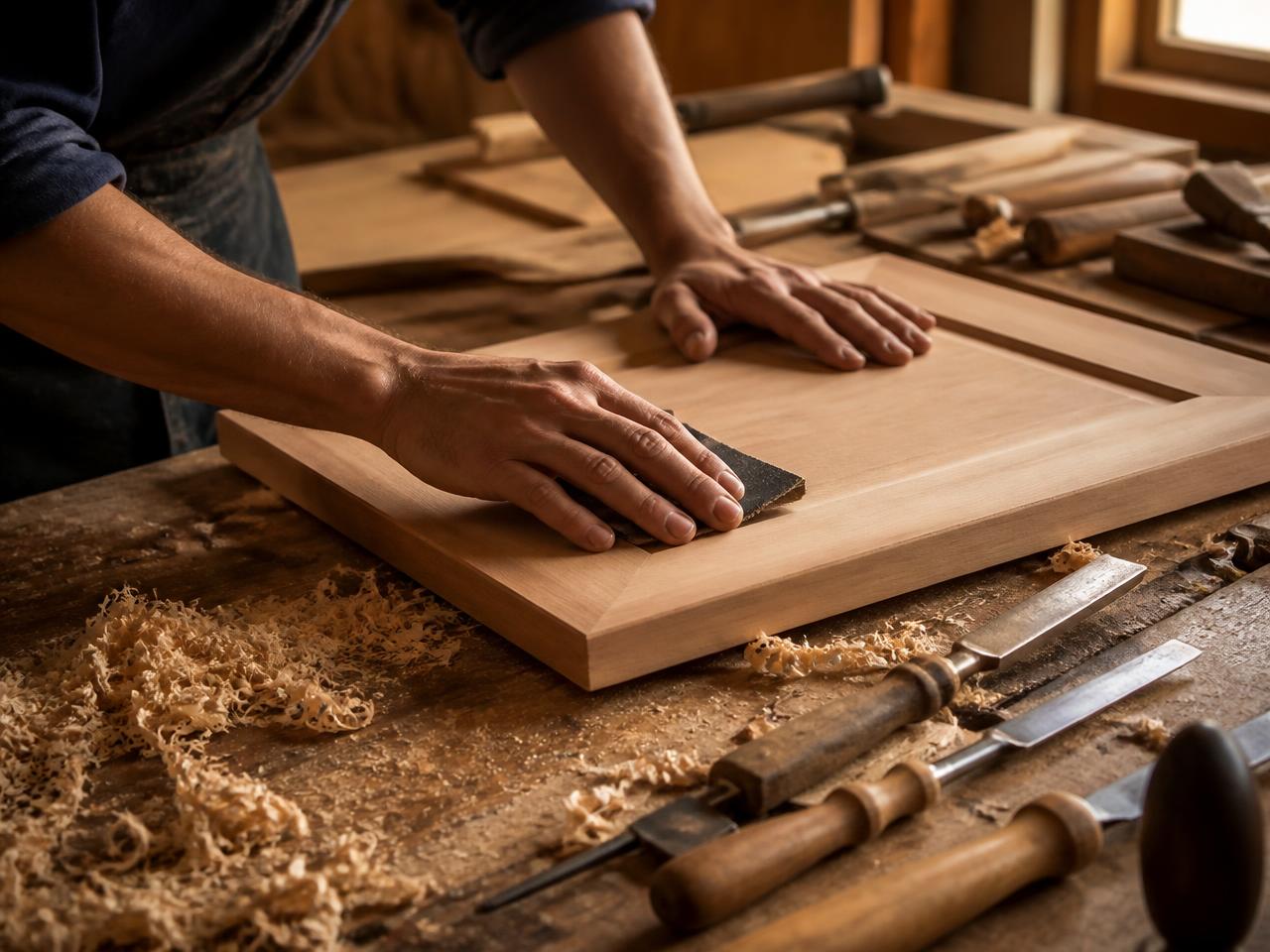 Close-up of custom woodworking craftsmanship on a cabinet door